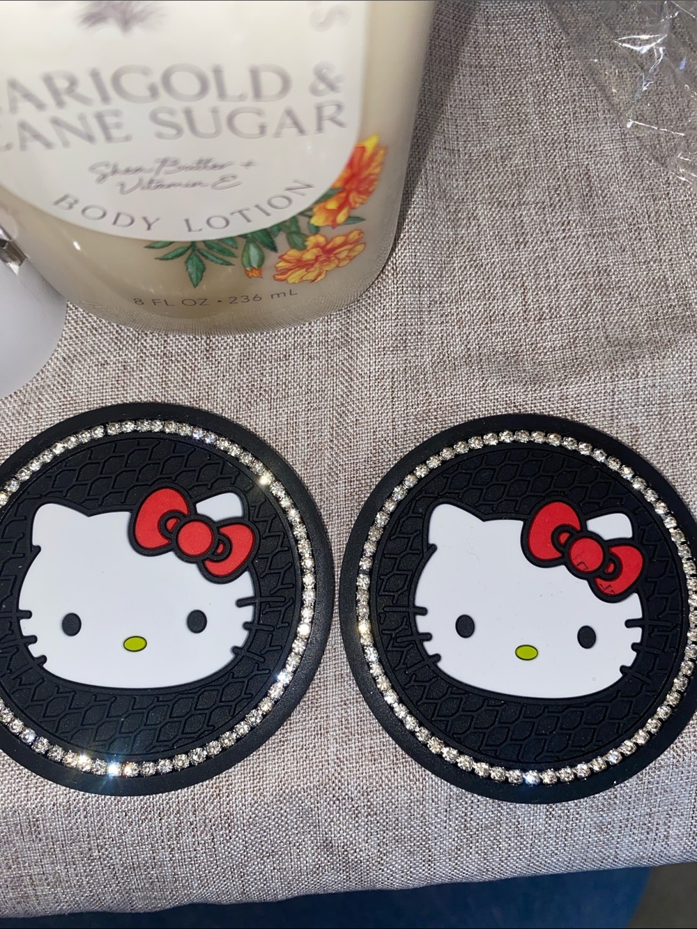Hello Kitty Black & Red Car Coasters with Rhinestone Trim - Picture 1 of 2